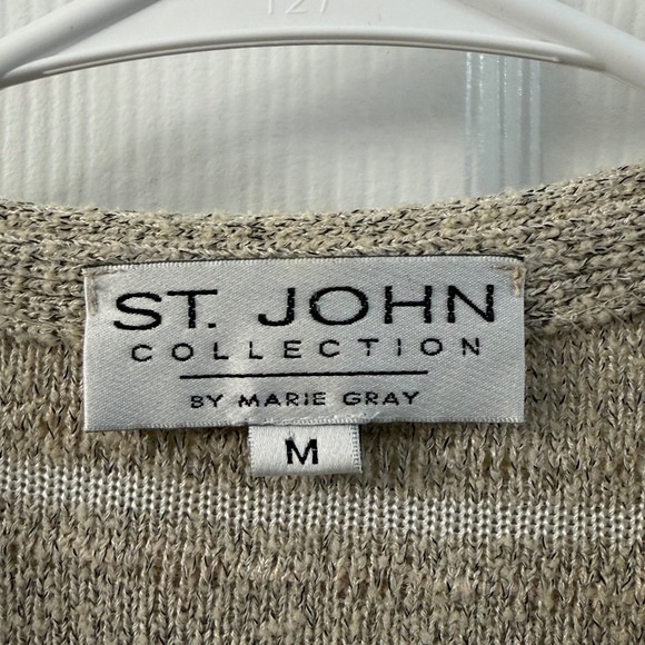 ST JOHN Collection Knit Cardigan Beige White Textured Beaded M Quiet Luxury - Picture 4 of 9